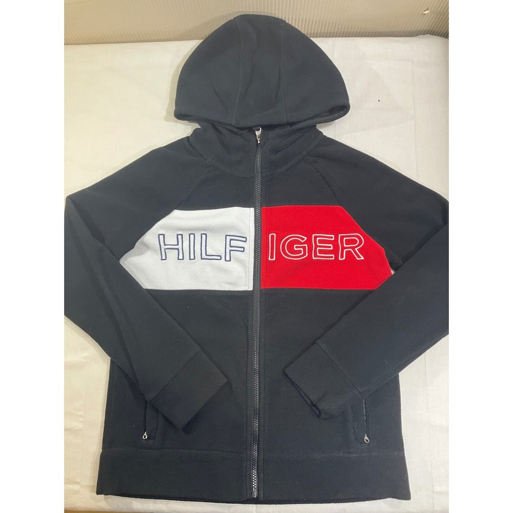 Tommy Hilfiger Sport Womens Small Black Fleece Full Zip Colorblock Hoodie Jacket